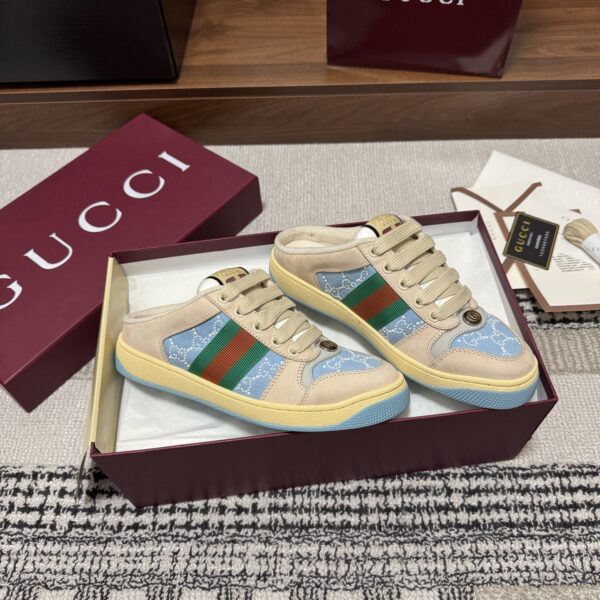 sy_no_1880897339C04B65726D2E0B28DC0D5F_0 Gucci Screener Light Blue Crystal GG Canvas Beige Suede Backless Sneaker / Mule