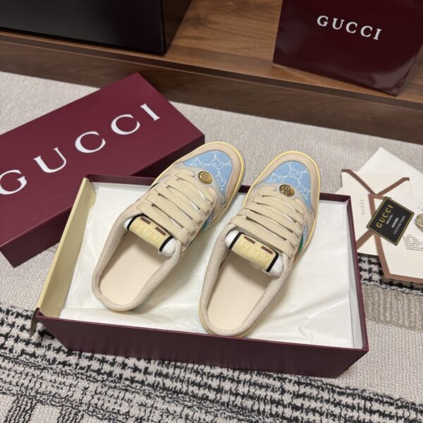 sy_no_1880897339C04B65726D2E0B28DC0D5F_2 Gucci Screener Light Blue Crystal GG Canvas Beige Suede Backless Sneaker / Mule