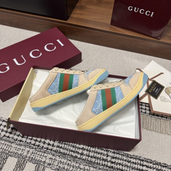 sy_no_1880897339C04B65726D2E0B28DC0D5F_3 Gucci Screener Light Blue Crystal GG Canvas Beige Suede Backless Sneaker / Mule