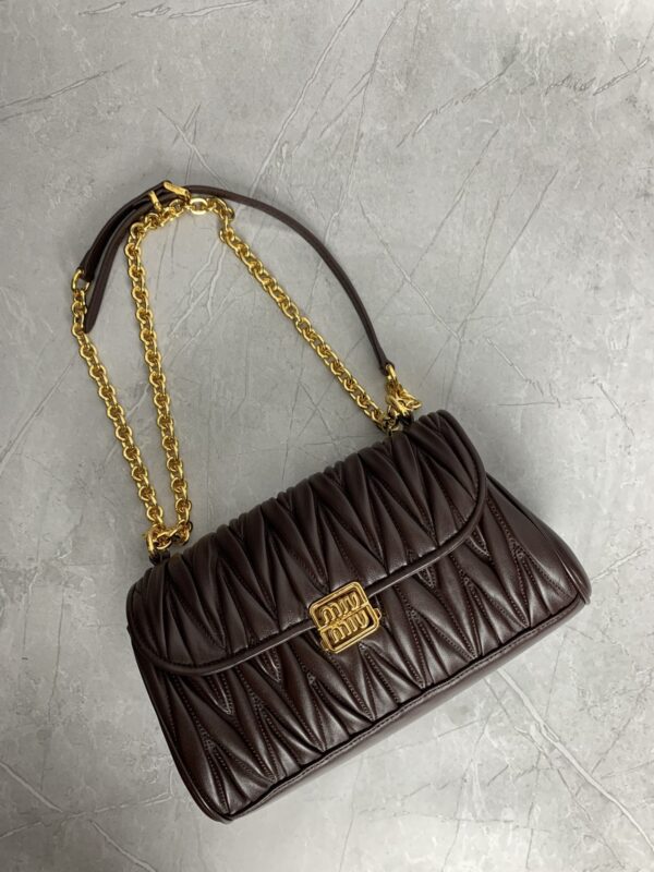 sy_no_1AC760849A8D20E53455D43CB051CE46_4 Miu Miu Matelassé Ruched Leather Flap Shoulder / Crossbody Bag — Heather Brown