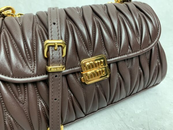 sy_no_1AC760849A8D20E53455D43CB051CE46_5 Miu Miu Matelassé Ruched Leather Flap Shoulder / Crossbody Bag — Heather Brown