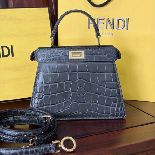 Fendi Peekaboo Crocodile-Embossed Leather Bag – Dark Gray