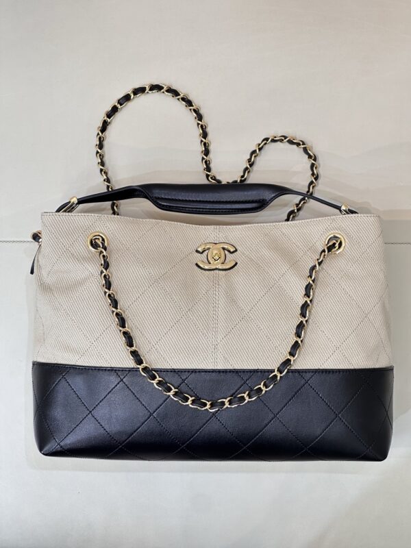 Beige Canvas & Black Quilted Leather Tote Bag