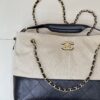Beige Canvas & Black Quilted Leather Tote Bag