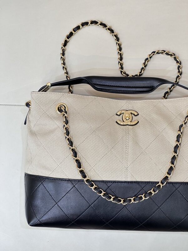 Beige Canvas & Black Quilted Leather Tote Bag