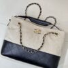 Beige Canvas & Black Quilted Leather Tote Bag