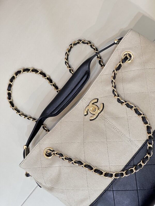 Beige Canvas & Black Quilted Leather Tote Bag