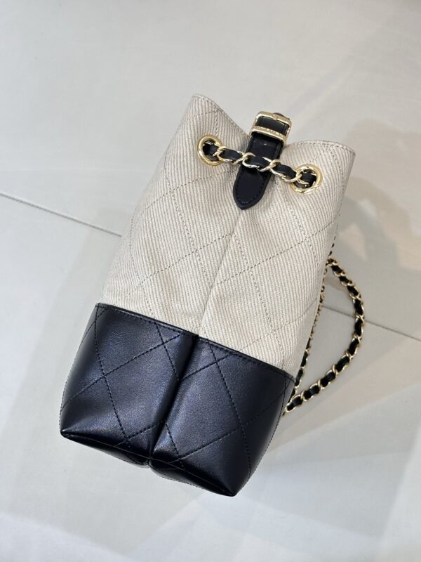 Beige Canvas & Black Quilted Leather Tote Bag