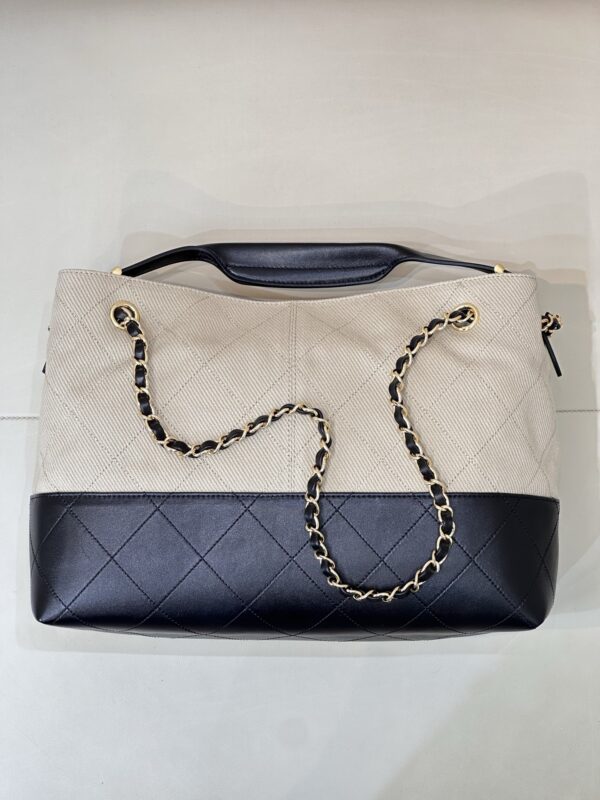 Beige Canvas & Black Quilted Leather Tote Bag