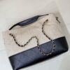 Beige Canvas & Black Quilted Leather Tote Bag