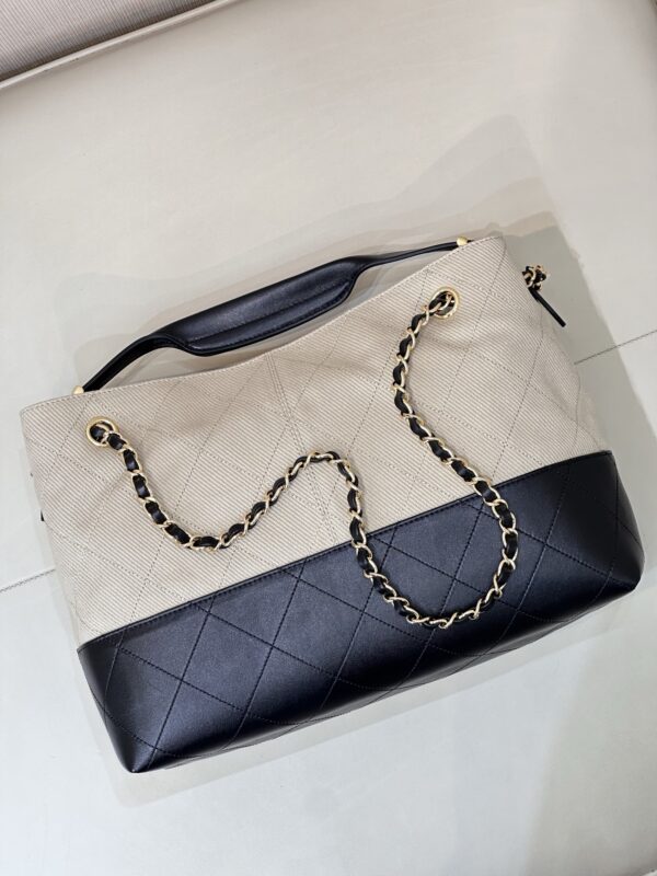 Beige Canvas & Black Quilted Leather Tote Bag