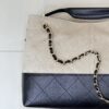 Beige Canvas & Black Quilted Leather Tote Bag