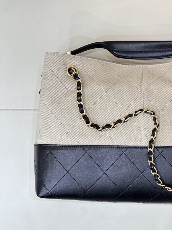 Beige Canvas & Black Quilted Leather Tote Bag