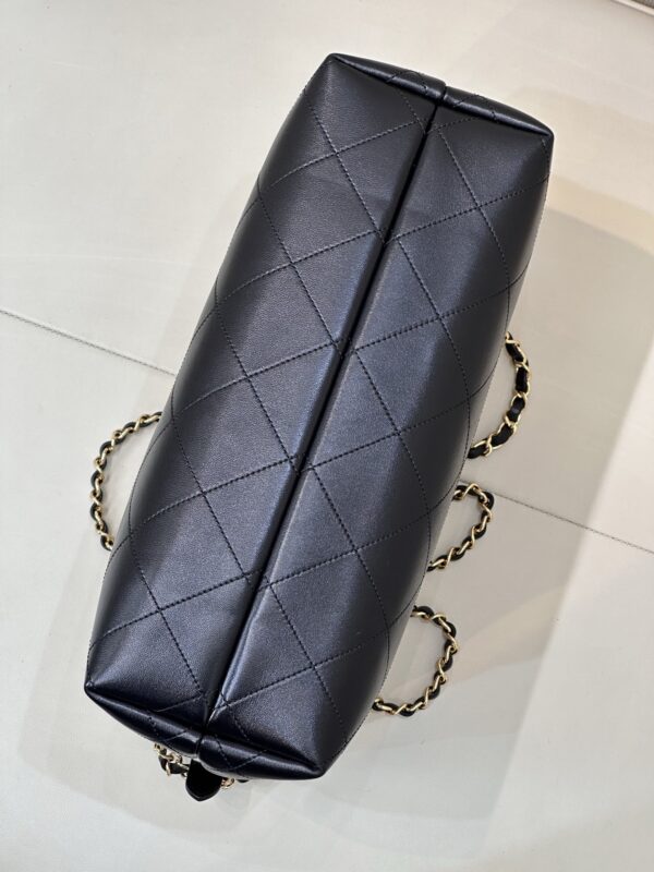 Beige Canvas & Black Quilted Leather Tote Bag
