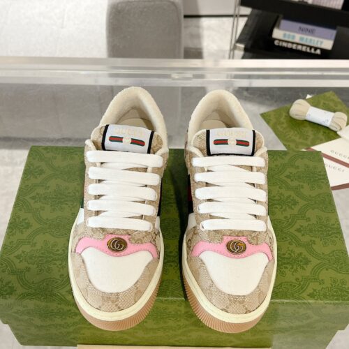 Gucci Screener Sneaker in Beige GG Canvas & White with Pink Accents & Double G Logo