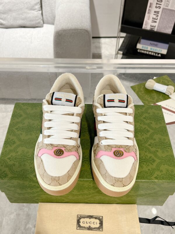 sy_no_1C75025ABE42E338EE5C9FDF3A73EDF2_0 Gucci Screener Sneaker in Beige GG Canvas & White with Pink Accents & Double G Logo