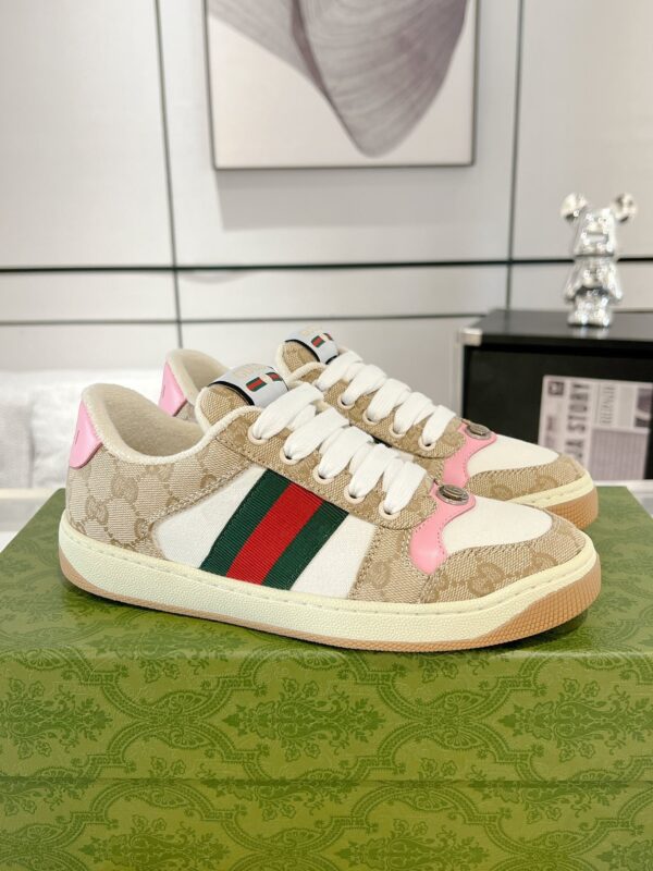 sy_no_1C75025ABE42E338EE5C9FDF3A73EDF2_1 Gucci Screener Sneaker in Beige GG Canvas & White with Pink Accents & Double G Logo