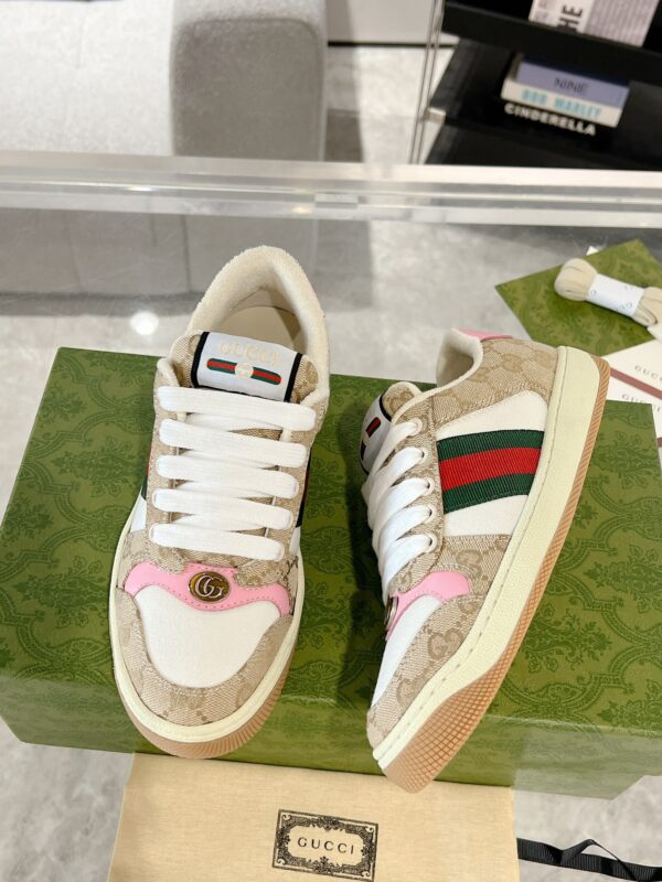 sy_no_1C75025ABE42E338EE5C9FDF3A73EDF2_2 Gucci Screener Sneaker in Beige GG Canvas & White with Pink Accents & Double G Logo