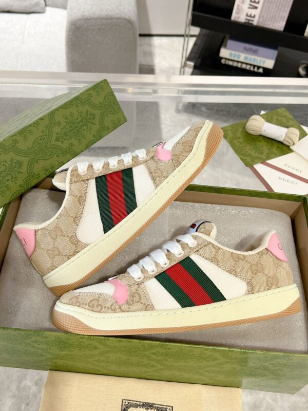 sy_no_1C75025ABE42E338EE5C9FDF3A73EDF2_3 Gucci Screener Sneaker in Beige GG Canvas & White with Pink Accents & Double G Logo