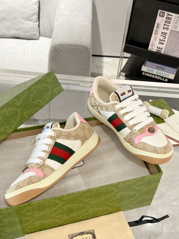sy_no_1C75025ABE42E338EE5C9FDF3A73EDF2_4 Gucci Screener Sneaker in Beige GG Canvas & White with Pink Accents & Double G Logo