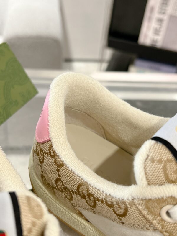 sy_no_1C75025ABE42E338EE5C9FDF3A73EDF2_5 Gucci Screener Sneaker in Beige GG Canvas & White with Pink Accents & Double G Logo