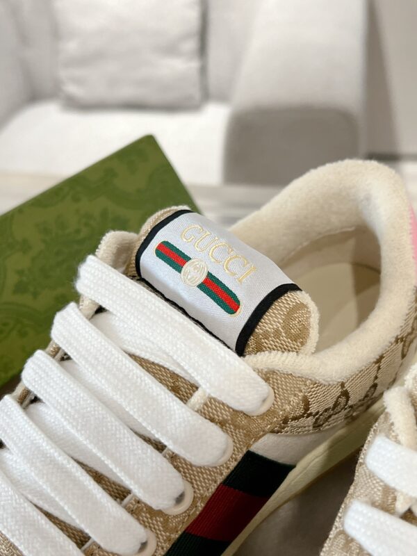 sy_no_1C75025ABE42E338EE5C9FDF3A73EDF2_6 Gucci Screener Sneaker in Beige GG Canvas & White with Pink Accents & Double G Logo