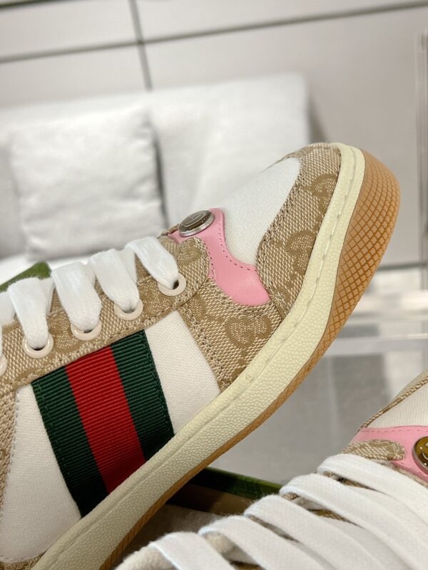 sy_no_1C75025ABE42E338EE5C9FDF3A73EDF2_7 Gucci Screener Sneaker in Beige GG Canvas & White with Pink Accents & Double G Logo