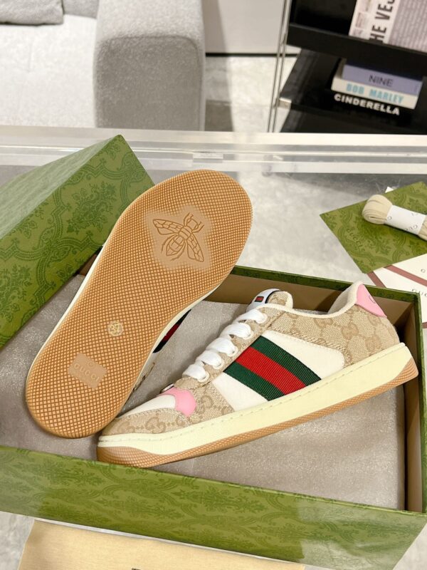 sy_no_1C75025ABE42E338EE5C9FDF3A73EDF2_8 Gucci Screener Sneaker in Beige GG Canvas & White with Pink Accents & Double G Logo