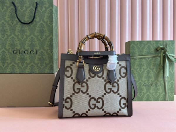 Gucci Diana Small Bamboo Top Handle Bag – Brown Canvas & Black Leather