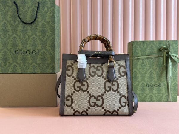 Gucci Diana Small Bamboo Top Handle Bag – Brown Canvas & Black Leather