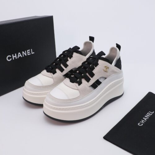 Cream, Light Grey & Black Suede Platform Sneakers