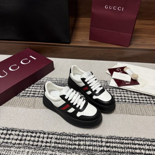 sy_no_21CB02F14890A04606235B99A25B5987_0 Gucci Re-Web Sneaker in Black & White Leather with Web Stripe