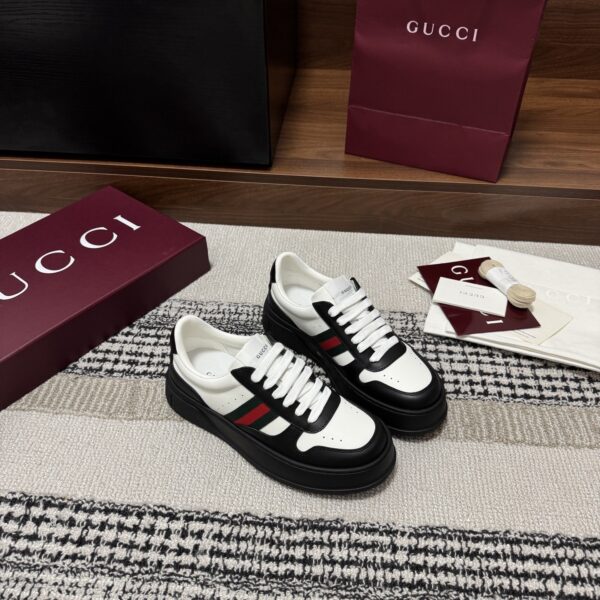 sy_no_21CB02F14890A04606235B99A25B5987_0 Gucci Re-Web Sneaker in Black & White Leather with Web Stripe