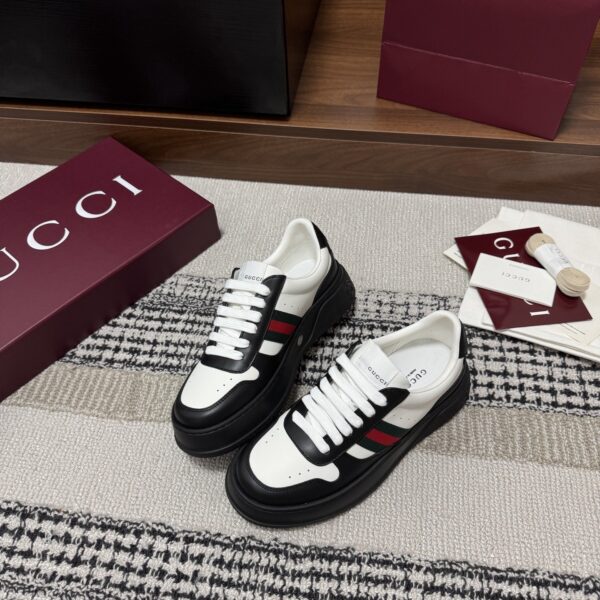 sy_no_21CB02F14890A04606235B99A25B5987_2 Gucci Re-Web Sneaker in Black & White Leather with Web Stripe