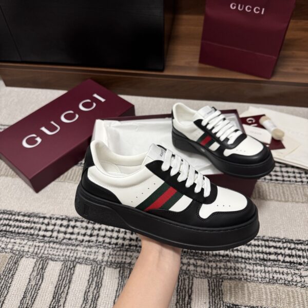 sy_no_21CB02F14890A04606235B99A25B5987_4 Gucci Re-Web Sneaker in Black & White Leather with Web Stripe