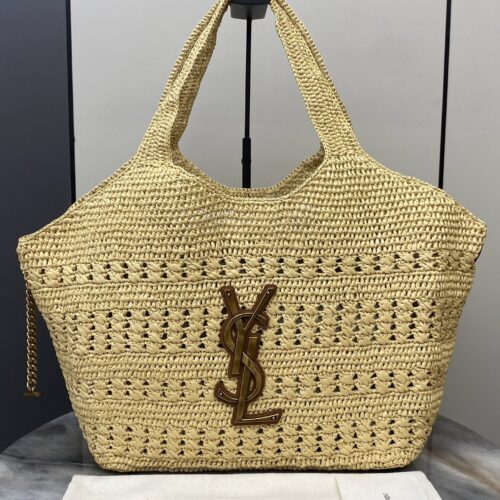 YSL Small Icare Woven Tote – Beige & Gold