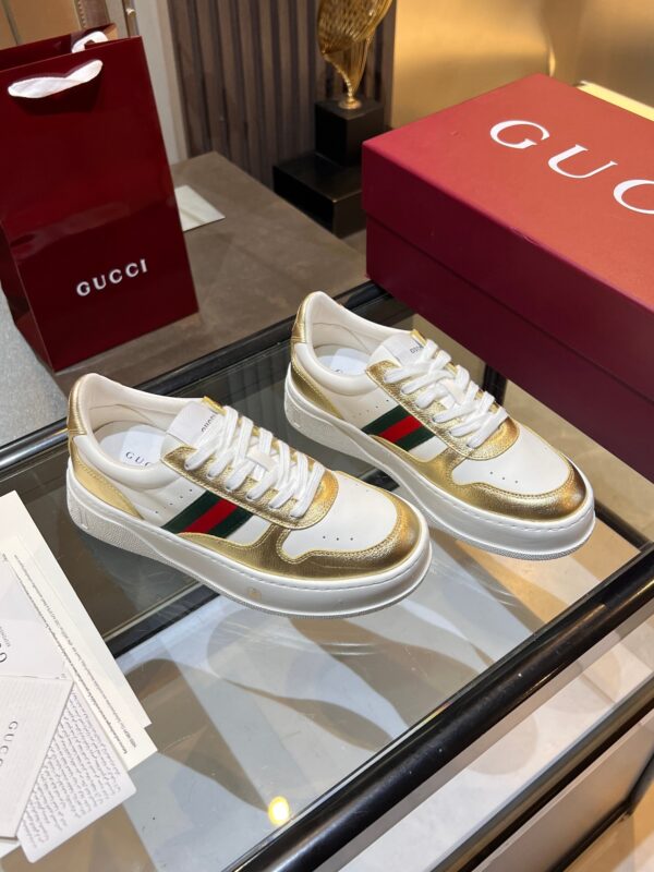 sy_no_25A976A8ED9A2DAAB966DB1A101651E2_5 Gucci Web & Metallic Gold Leather Platform Sneaker – White / Metallic Gold