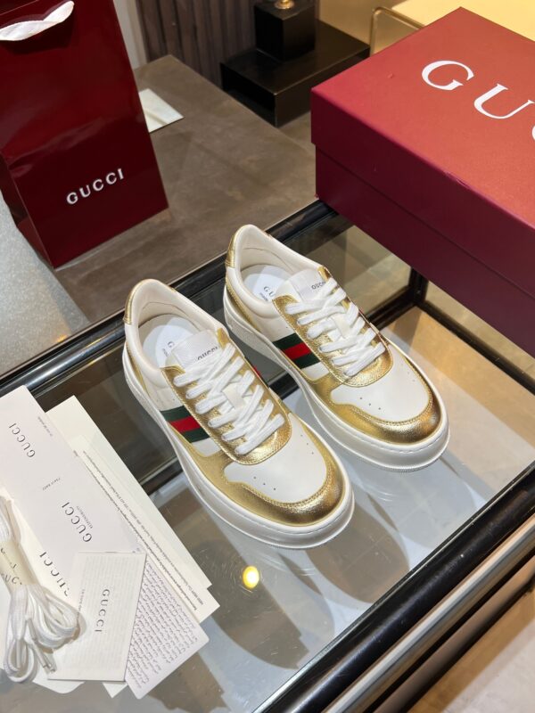 sy_no_25A976A8ED9A2DAAB966DB1A101651E2_6 Gucci Web & Metallic Gold Leather Platform Sneaker – White / Metallic Gold