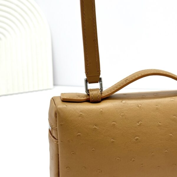sy_no_260F803CD9C2335A53E87147019FBB83_7 L19 Ostrich-Embossed Calfskin Handbag / Kelly-Style Bag / Shoulder Bag – Golden Brown