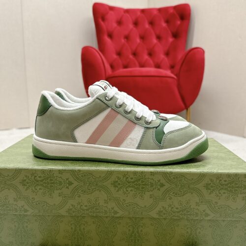 sy_no_287583750B7A99AD0B4D35518DD72FB5_0 Gucci Screener Sneaker in Sage Green Suede & White GG Canvas with Pink Web Stripe