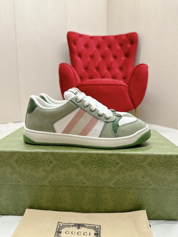 sy_no_287583750B7A99AD0B4D35518DD72FB5_0 Gucci Screener Sneaker in Sage Green Suede & White GG Canvas with Pink Web Stripe