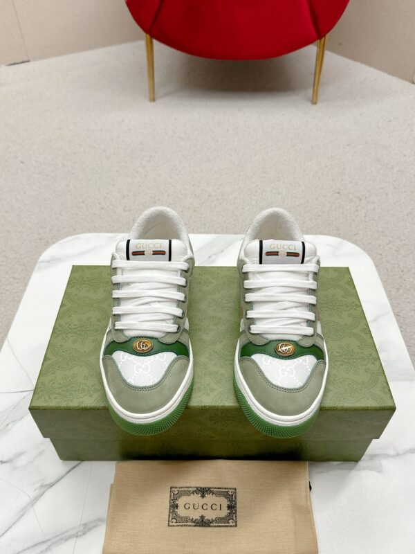 sy_no_287583750B7A99AD0B4D35518DD72FB5_1 Gucci Screener Sneaker in Sage Green Suede & White GG Canvas with Pink Web Stripe