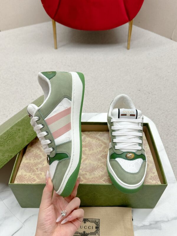 sy_no_287583750B7A99AD0B4D35518DD72FB5_2 Gucci Screener Sneaker in Sage Green Suede & White GG Canvas with Pink Web Stripe