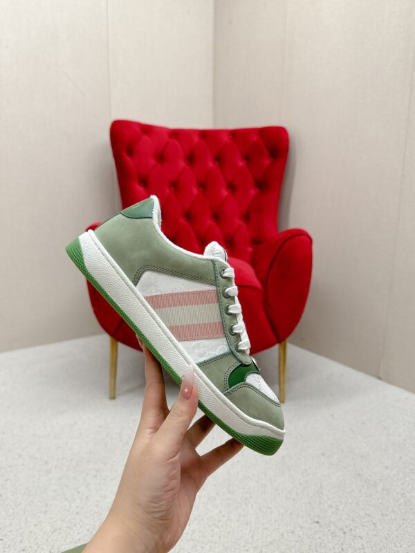 sy_no_287583750B7A99AD0B4D35518DD72FB5_3 Gucci Screener Sneaker in Sage Green Suede & White GG Canvas with Pink Web Stripe