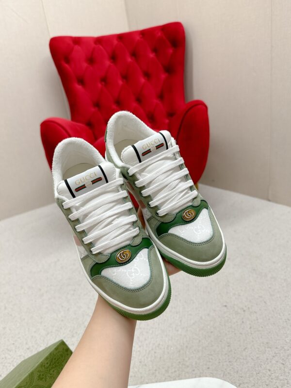 sy_no_287583750B7A99AD0B4D35518DD72FB5_4 Gucci Screener Sneaker in Sage Green Suede & White GG Canvas with Pink Web Stripe