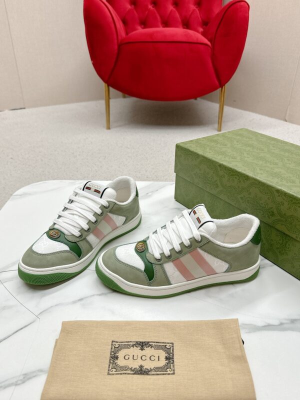 sy_no_287583750B7A99AD0B4D35518DD72FB5_5 Gucci Screener Sneaker in Sage Green Suede & White GG Canvas with Pink Web Stripe