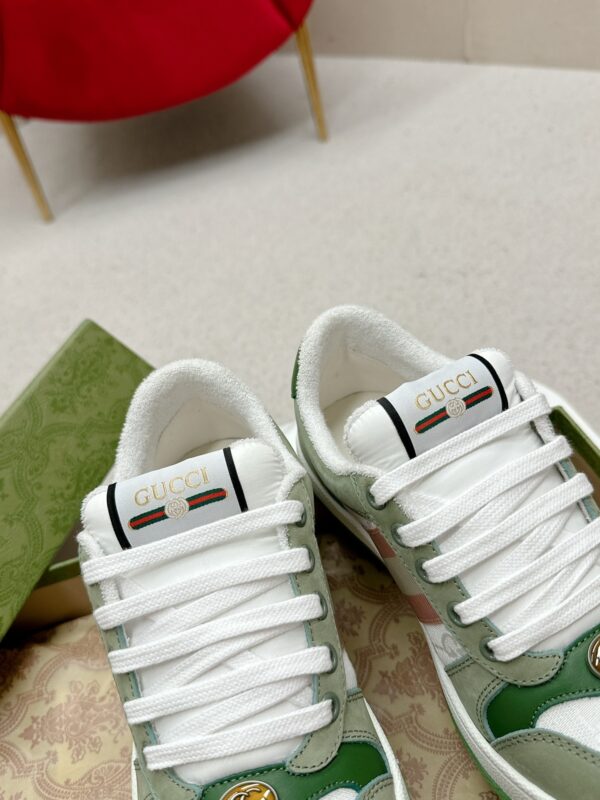 sy_no_287583750B7A99AD0B4D35518DD72FB5_6 Gucci Screener Sneaker in Sage Green Suede & White GG Canvas with Pink Web Stripe