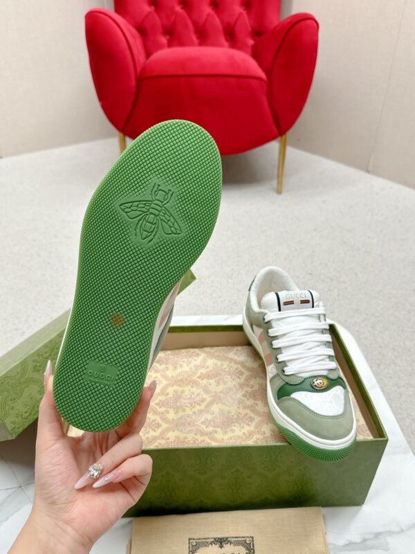 sy_no_287583750B7A99AD0B4D35518DD72FB5_8 Gucci Screener Sneaker in Sage Green Suede & White GG Canvas with Pink Web Stripe