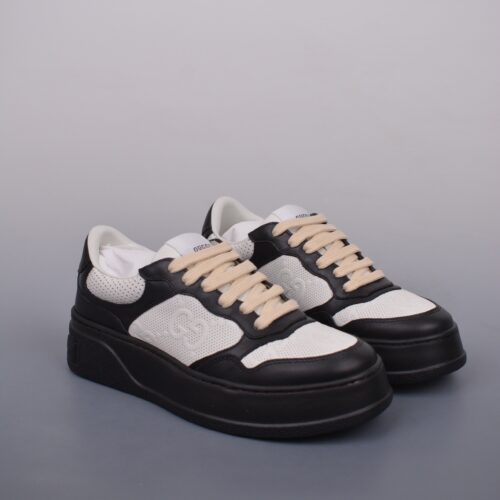 sy_no_2A3D1A6F57A5F010EB2148753BC45A31_0 Gucci Re-Web Sneaker in Black & White Perforated Leather with Interlocking GG