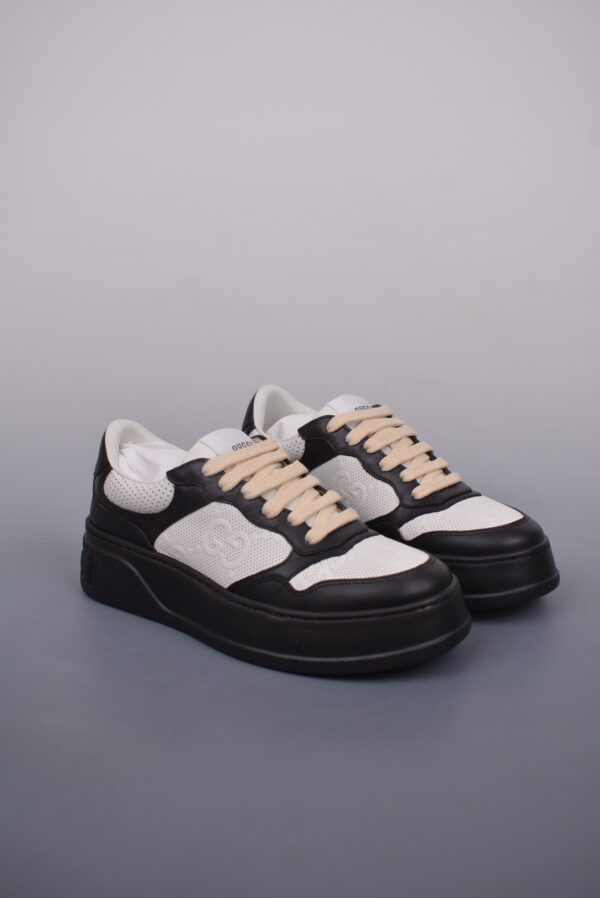 sy_no_2A3D1A6F57A5F010EB2148753BC45A31_0 Gucci Re-Web Sneaker in Black & White Perforated Leather with Interlocking GG